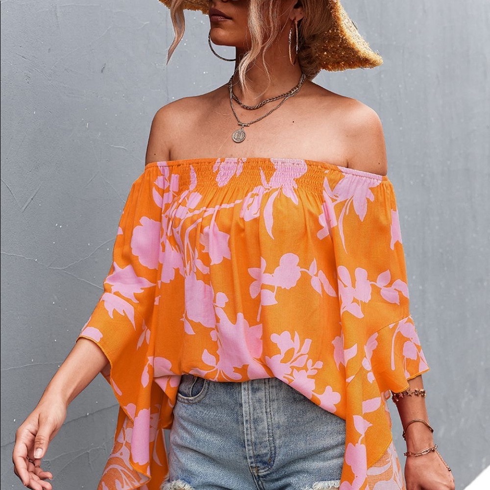 Orange Floral Smocked Bell Sleeve Off-Shoulder Top - Picture 3 of 4
